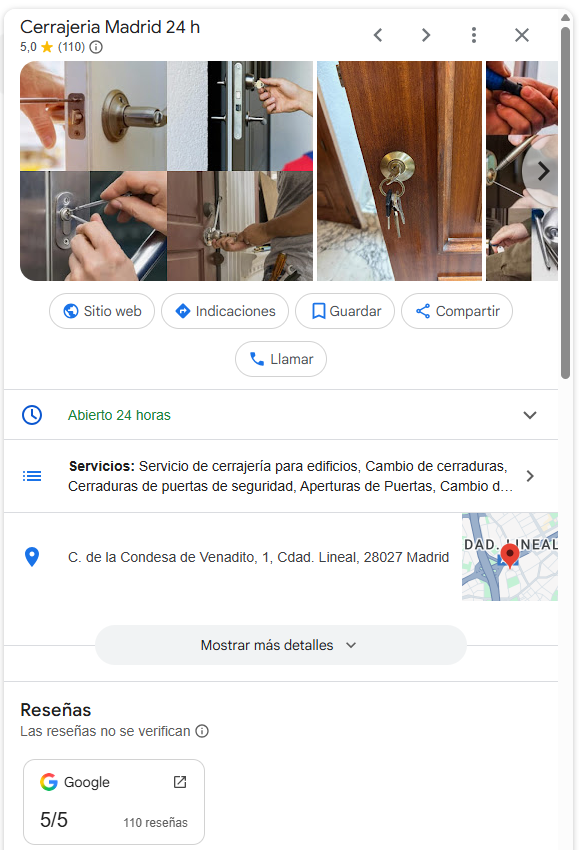 Ficha de Google My Business de una empresa de cerrajeros en Madrid