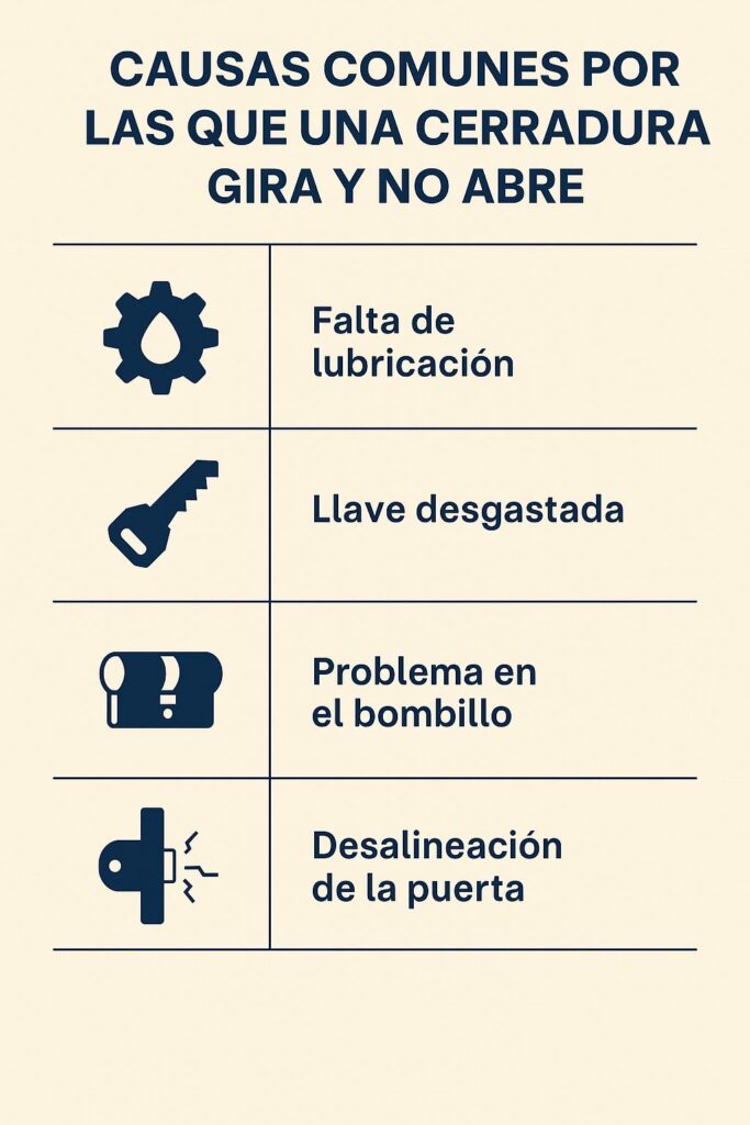 infografía sobre las causas comunes por las que una cerradura gira y no abre